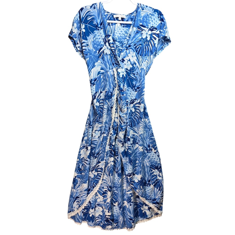 America and Beyond Blue Tropical Pineapple Floral High Low Dress Sz XS Lace Trim